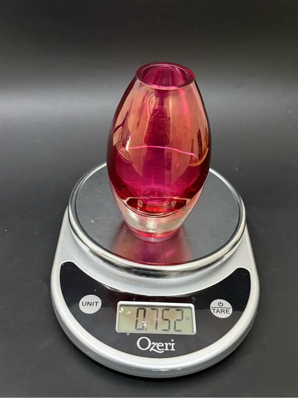 Iridescent Cranberry Rounded Teardrop Blown Art Glass 5” Vase